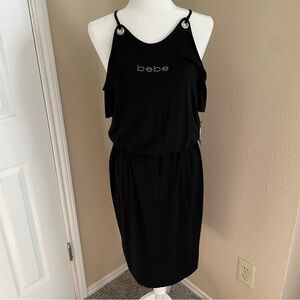 NWT Bebe Cold Shoulder Rhinestone Logo Blouson Black Midi Dress Y2K Glam